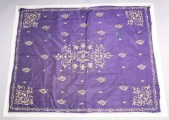 A TURKISH OTTOMAN EMBROIDERED PURPLE SILK TEXTILE, with silver coloured metal thread foliate
