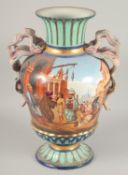 A LARGE OREINTAL TWIN HANDLE PORCELAIN VASE, painted with an Arab market scene, the front of the