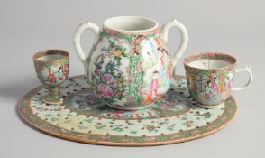 A COLLECTION OF FOUR CHINESE CANTON FAMILLE ROSE PORCELAIN PIECES, comprising a twin handle sugar