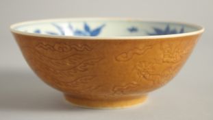 A CHINESE BROWN GLAZED BLUE AND WHITE PORCELAIN BOWL, the interior painted with fruits, the exterior
