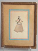 A FINE EARLY 19TH CENTURY PERSIAN QAJAR PAINTING of a female figure, framed and glazed, image 16.5cm