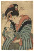 KIKUGAWA EIZAN (1787-1867): FOUR MID 19TH CENTURY JAPANESE WOODBLOCK PRINTS depicting two female