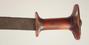 AN 18TH/19TH CENTURY MIDDLE EASTERN SHAMSHIR SWORD, with curving blade, disk pommel and rhino horn