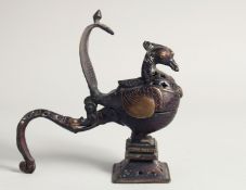 A 19TH CENTURY INDIAN DECCANI BRONZE HAMSA BIRD INCENSE BURNER, 21cm long.