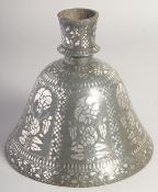 A LARGE 18TH CENTURY INDIAN BIDRI SILVER INLAID HUQQA BASE, with decorative floral panels. 20cm