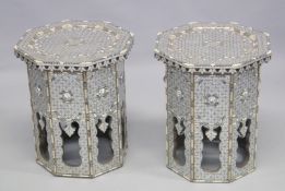A GOOD PAIR MOORISH MOTHER OF PEARL, BONE AND EBONY OCTAGONAL SHAPED TABLES, 41.5cm diameter, 50cm