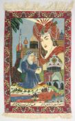 A SMALL PICTORIAL TABRIZ CARPET, depicting an elderly gentleman seated at prayer, 100cm x 73cm.