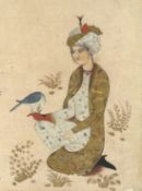 A PERSIAN PAINTING ON PAPER, depicting a kneeling falconer with gilt painted robe, 21cm x 15cm.