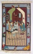 A PICTORIAL TABRIZ CARPET, depicting five seated figures reading from the quran, 150cm x 100cm.