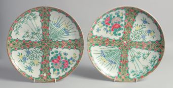 A PAIR OF CHINESE CANTON FAMILLE ROSE PORCELAIN PLATES, each painted with panels of native flora,