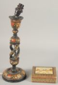 A KASHMIRI LAMP, together with a small rectangular lidded box painted with a polo scene, (2).