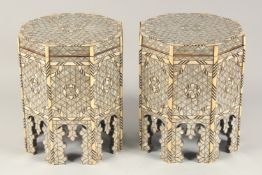 A SMALL PAIR OF MOORISH MOTHER OF PEARL AND BONE INLAID STANDS, with removable tops to reveal