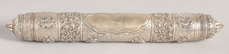 A GOOD TIBETAN WHITE METAL SCROLL CASE, the body with a vacant cartouche, embossed, chase and