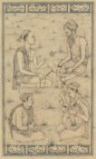 AN INDIAN MINIATURE PAINTING ON PAPER, depicting four seated men; one playing a musical
