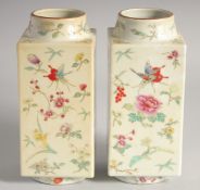 A PAIR OF CHINESE FAMILLE ROSE PORCELAIN SQUARE FORM VASES, painted all over with insects and flora,
