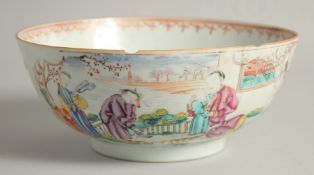 A CHINESE EXPORT FAMILLE ROSE PORCELAIN BOWL, the exterior painted with panels of figures, (af),