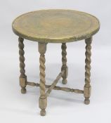 A FINE 19TH CENTURY MAMLUK REVIVAL BRASS TABLE, with folding wooden 'X' form legs, engraved with