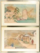 TWO LARGE CHINESE PAINTINGS ON PAPER, one depicting a lakeside scene with a building and figures,