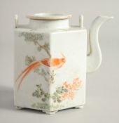 A CHINESE HEXAGONAL FORM PORCELAIN TEAPOT AND COVER, painted with birds and native flora with script