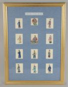 A FRAMED SET OF TWELVE PAINTINGS OF VARIOUS FIGURES ON RICE PAPER, 76.6cm x 56cm.