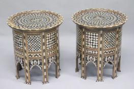 A GOOD PAIR OF MOORISH MOTHER OF PEARL, BONE, EBONY AND TORTOISESHELL INLAID CIRCULAR LOW TABLES,