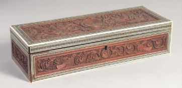 A FINE 19TH CENTURY ANGLO-INDIAN BONE INLAID CARVED SANDALWOOD BOX, with hinged lid. 31cm x 12cm