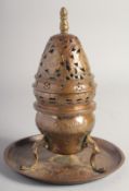 AN 18TH CENTURY TURKISH OTTOMAN GILT COPPER TOMBAK INCENSE BURNER, on circular stand, with hinged