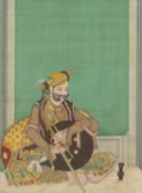 A LARGE INDIAN PAINTING ON PAPER, depicting a seated dignitary holding a tulwar with fine gilt
