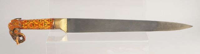 A 19TH CENTURY INDIAN RAJASTHAN DAGGER, with a carved and painted bone handle in the form of an