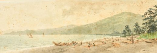 Howshiu, Japanese School, 'Tokaido, Odawara', fishermen on a beach, watercolour, signed and