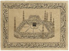 AN EARLY 20TH CENTURY MIDDLE EASTERN CALLIGRAPHIC PAINTING OF HOLY MECCA (KAABA), inscribed and