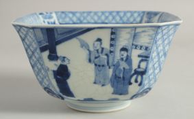 A CHINESE BLUE AND WHITE PORCELAIN SQUARE FORM BOWL, the exterior painted with panels of figures