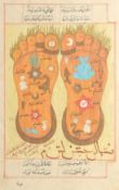 AN INDIAN TANTRIC FEET MINIATURE PAINTING, with zodiac signs, inscribed, framed and glazed, image