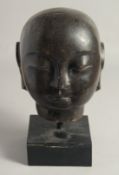 A LARGE CHINESE CARVED STONE HEAD, supported on stand, stone head 20cm.