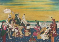 A 19TH/20TH CENTURY INDIAN PAINTING ON PAPER depicting enthroned Sikh Ranjit Singh with