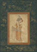 A PERSIAN MINIATURE PAINTING ON PAPER, depicting a couple in an embrace, the border with detailed