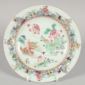 A CHINESE FAMILLE ROSE PORCELAIN PLATE, the centre painted with ducks and flora, the border