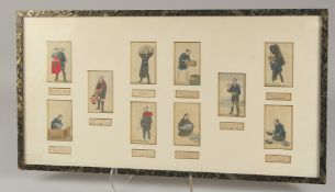A FRAMED SET OF TEN PAINTED ILLUSTRATIONS OF VARIOUS CHINESE WORKERS, overall 34cm x 64.5cm.