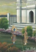 AN INDIAN MINIATURE PAINTING ON PAPER, depicting deity in a courtyard, 17.5cm x 12.5cm.