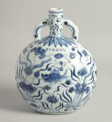 A CHINESE BLUE AND WHITE PORCELAIN TWIN HANDLED MOON FLASK painted with fish and aquatic flora,