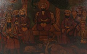 A LARGE PERSIAN QAJAR OIL PAINTING ON CANVASS, depicting a Qajar ruler with various attendants and