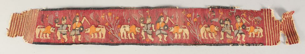 AN ISLAMIC EMBROIDERED TEXTILE, with figures and animals, (af), 85cm long.