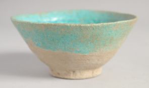 A FINE 13TH CENTURY PERSIAN SELJUK KASHAN TURQUOISE GLAZED POTTERY BOWL. 12cm diameter