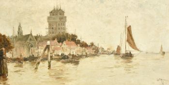 George Bunn, Circa 1897, barges approaching a Continental town quay, oil on canvas, signed and