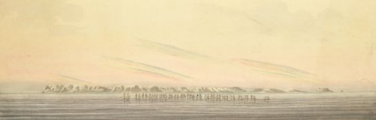 English School, Circa 1814, 'Midnight off the North Cape, Clio 1814', a flotilla of naval ships,