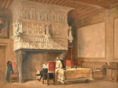 Louis Haghe (1806-1885), figures by a fire in an interior, watercolour heightened with gum Arabic