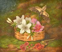 George Crisp (late 19th Century), a still life study of flowers and a moth, oil on canvas, signed,