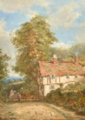 English School, Circa 1900, figures in a cart on a country lane passing a cottage, oil on board, 10