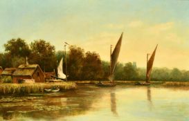 English School, Circa 1895, barges on a wide river with a cathedral spire beyond, oil on canvas,