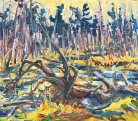 20th Century Canadian School, a tangled forest by water, oil on panel, inscribed and dated 78 verso,
